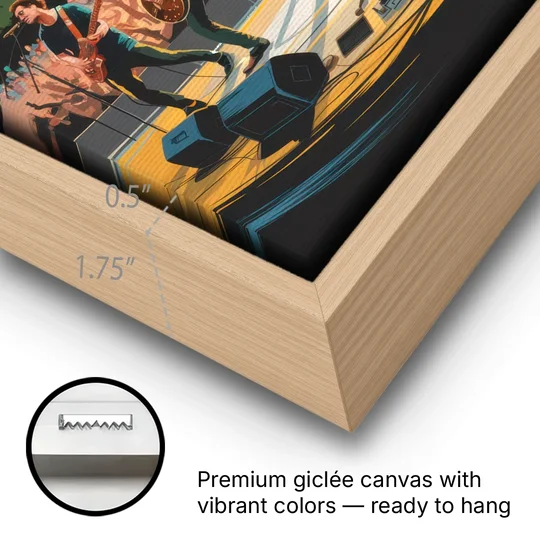 Austin Live Music Capital - Oak Framed Canvas Wall Art - Gallery Wrap Corner