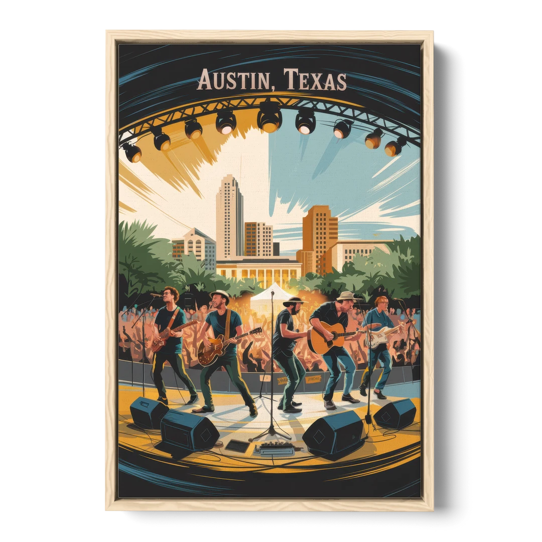 Austin Live Music Capital - Oak Framed Canvas Wall Art - Front