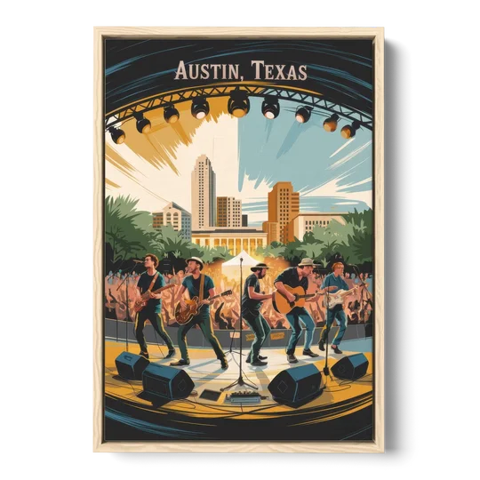 Austin Live Music Capital - Oak Framed Canvas Wall Art - Front