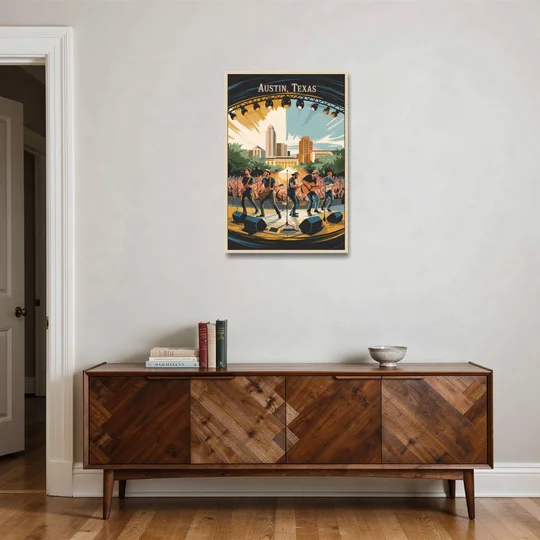 Austin Live Music Capital - Oak Framed Canvas Wall Art - Coffee Table - 24x36