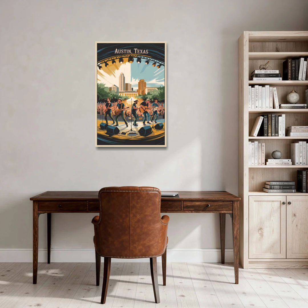 Austin Live Music Capital - Oak Framed Canvas Wall Art - Office - 24x36