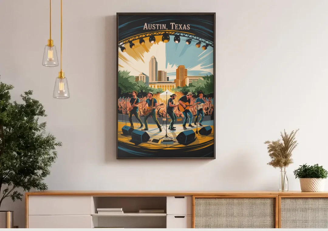 Austin Live Music Capital canvas wall art above a wooden sideboard under pendant lights