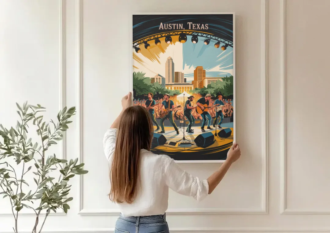Austin Live Music Capital canvas wall art being hung on a paneled wall