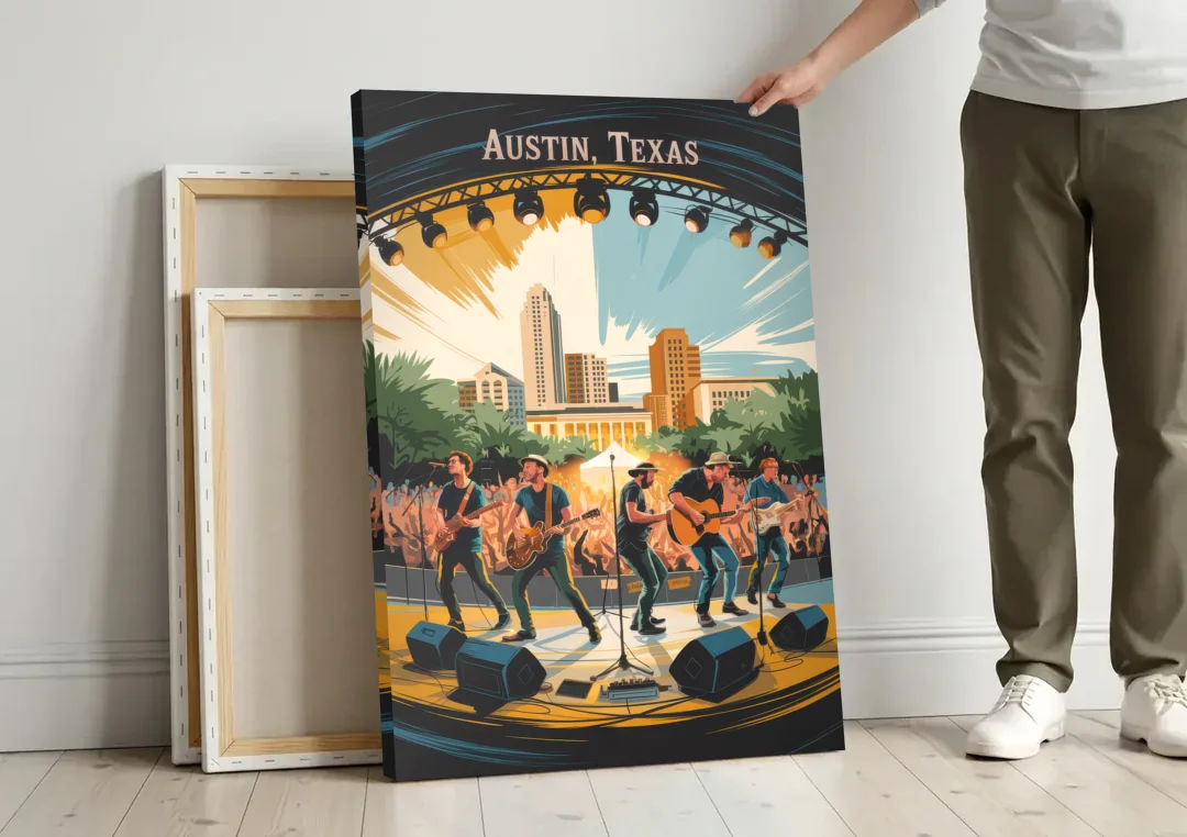 Austin Live Music Capital canvas wall art leaning against a wall next to blank canvases