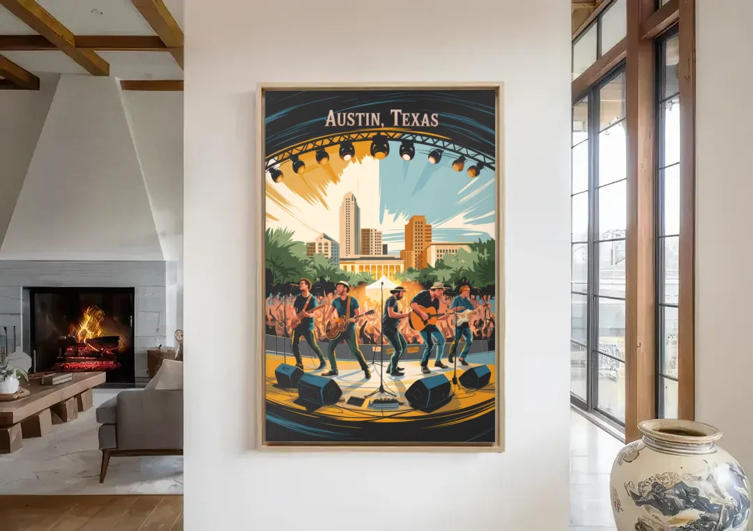 Austin Live Music Capital canvas wall art in a living room with a fireplace