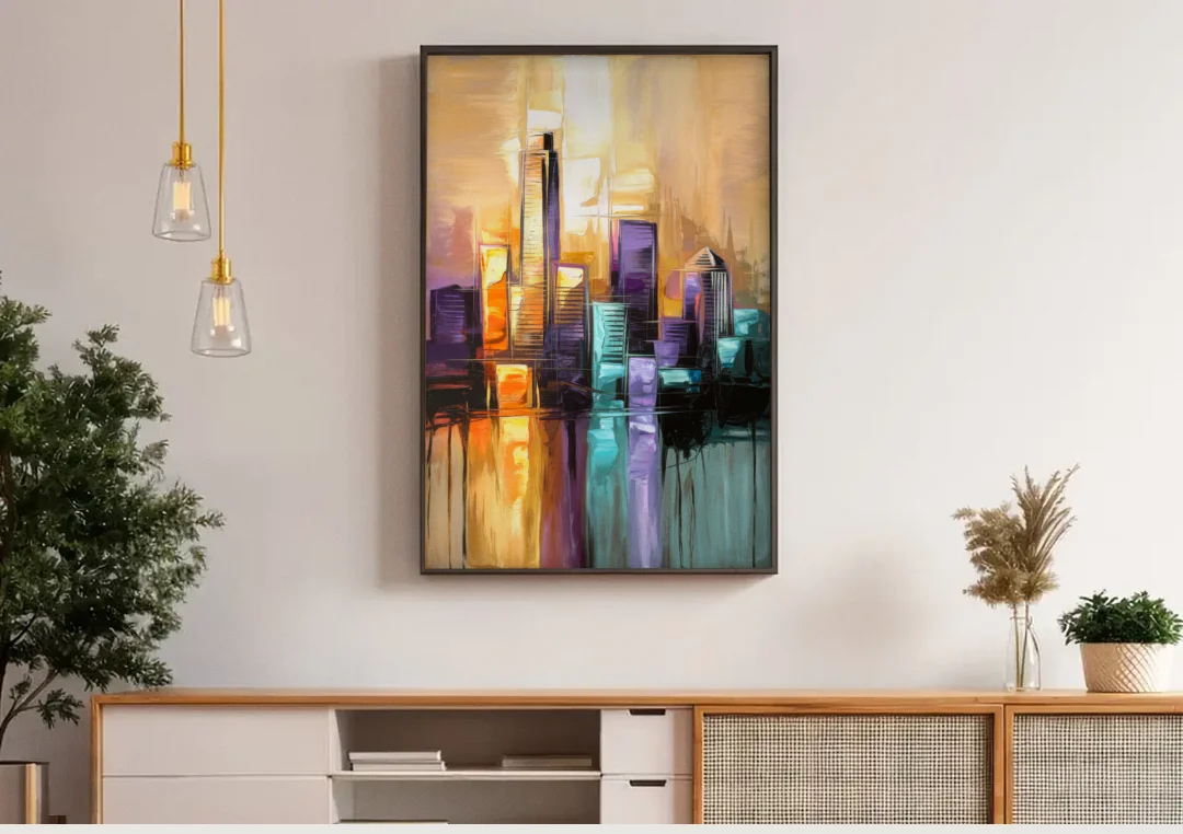 Austin Moody Cityscape canvas wall art above a wooden sideboard under pendant lights