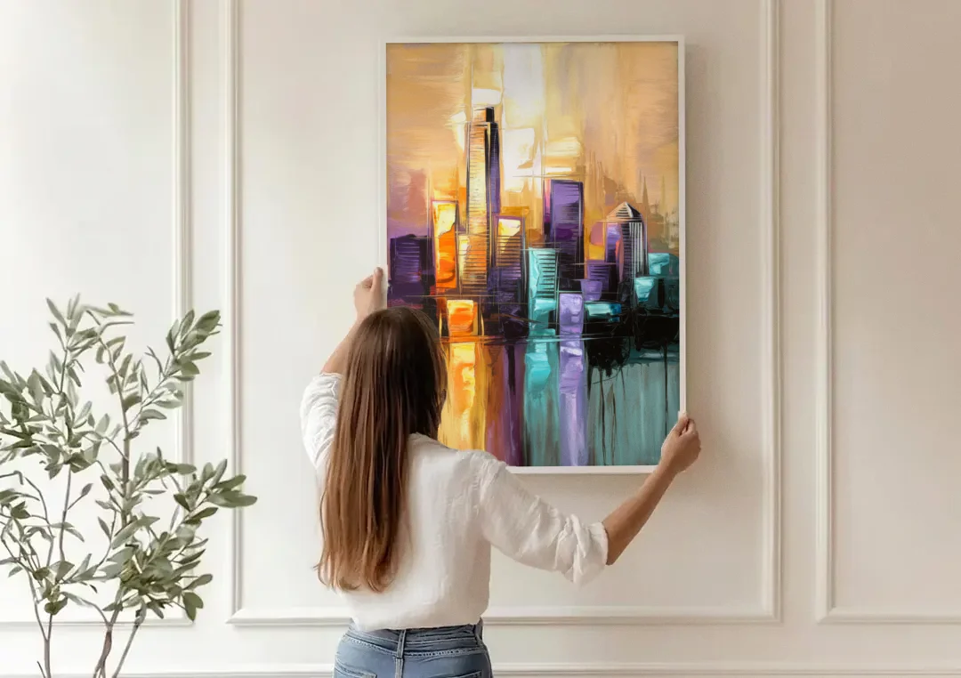Austin Moody Cityscape canvas wall art being hung on a paneled wall