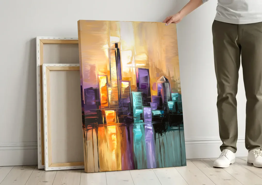 Austin Moody Cityscape canvas wall art leaning against a wall next to blank canvases