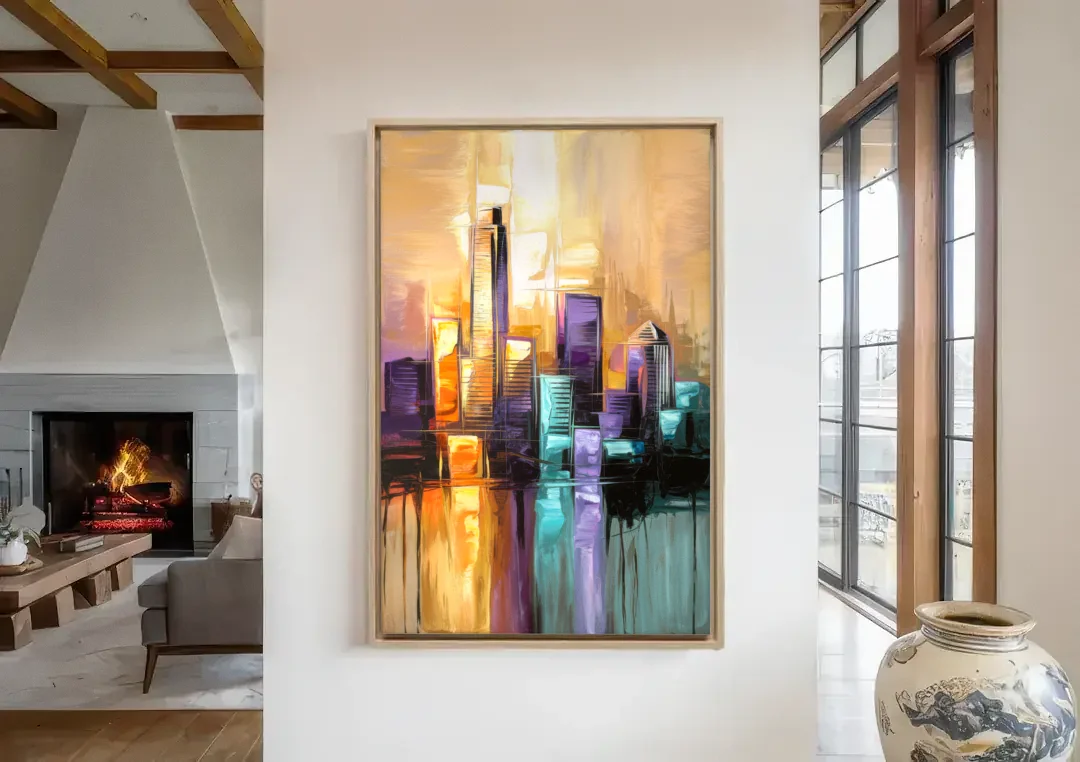 Austin Moody Cityscape canvas wall art in a living room with a fireplace