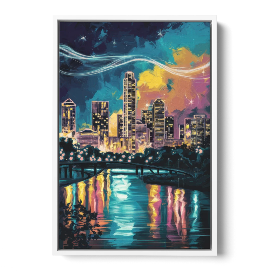 Austin Night Lights - White Framed Canvas Wall Art - Front