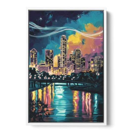Austin Night Lights - White Framed Canvas Wall Art - Front
