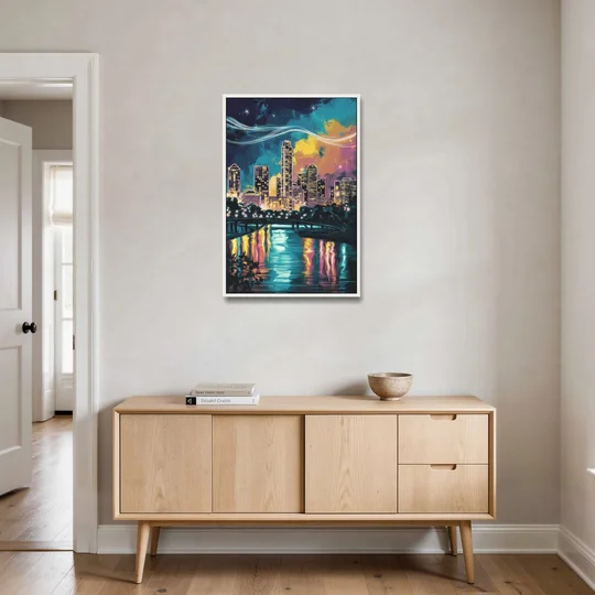 Austin Night Lights - White Framed Canvas Wall Art - Coffee Table - 24x36