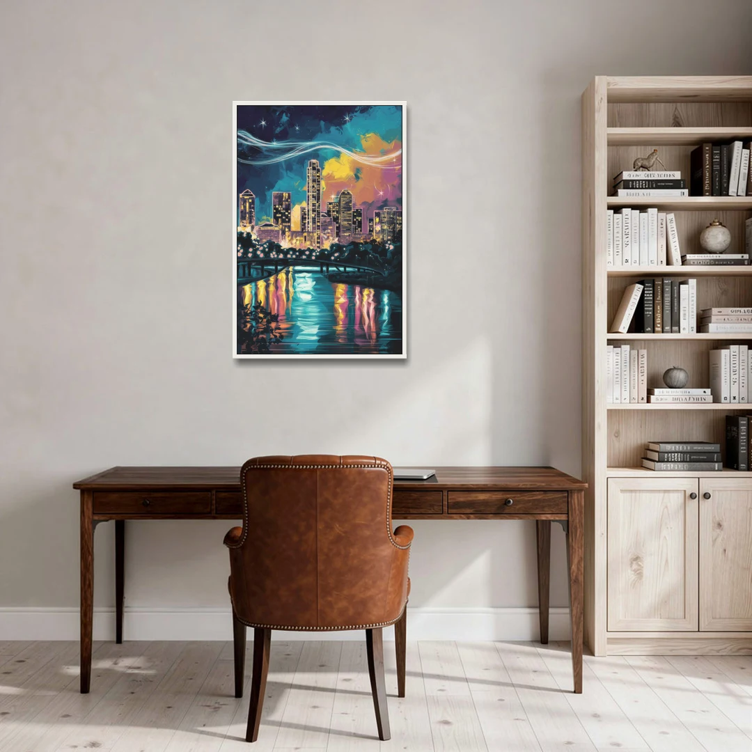 Austin Night Lights - White Framed Canvas Wall Art - Office - 24x36