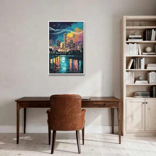 Austin Night Lights - White Framed Canvas Wall Art - Office - 24x36