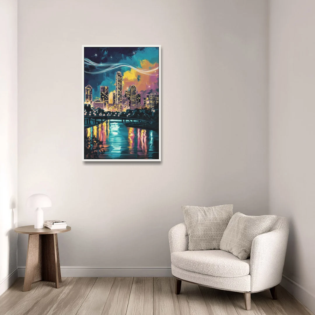 Austin Night Lights - White Framed Canvas Wall Art - Sofa - 24x36