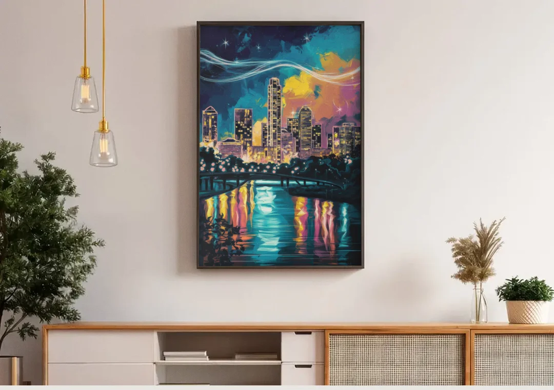 Austin Night Lights canvas wall art above a wooden sideboard under pendant lights