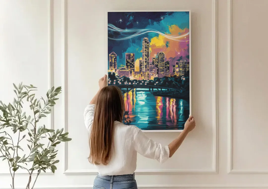 Austin Night Lights canvas wall art being hung on a paneled wall