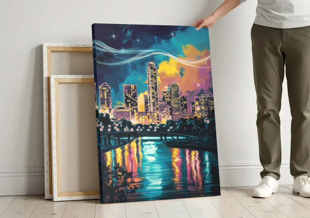 Austin Night Lights canvas wall art leaning against a wall next to blank canvases