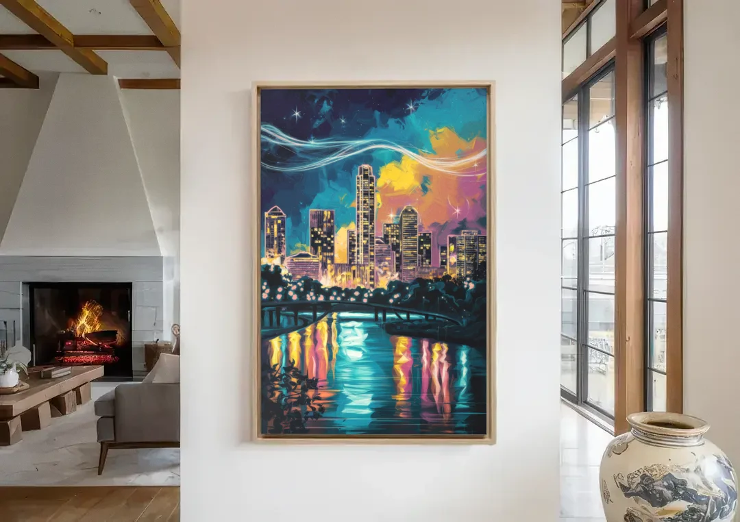 Austin Night Lights canvas wall art in a living room with a fireplace
