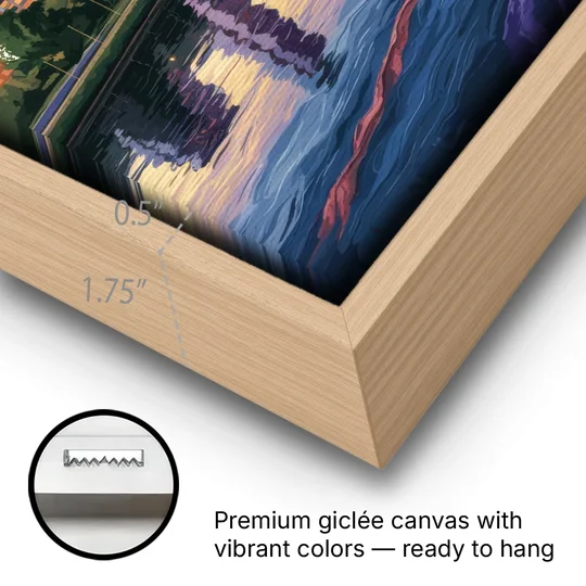 Austin Riverside Reflections - Oak Framed Canvas Wall Art - Gallery Wrap Corner