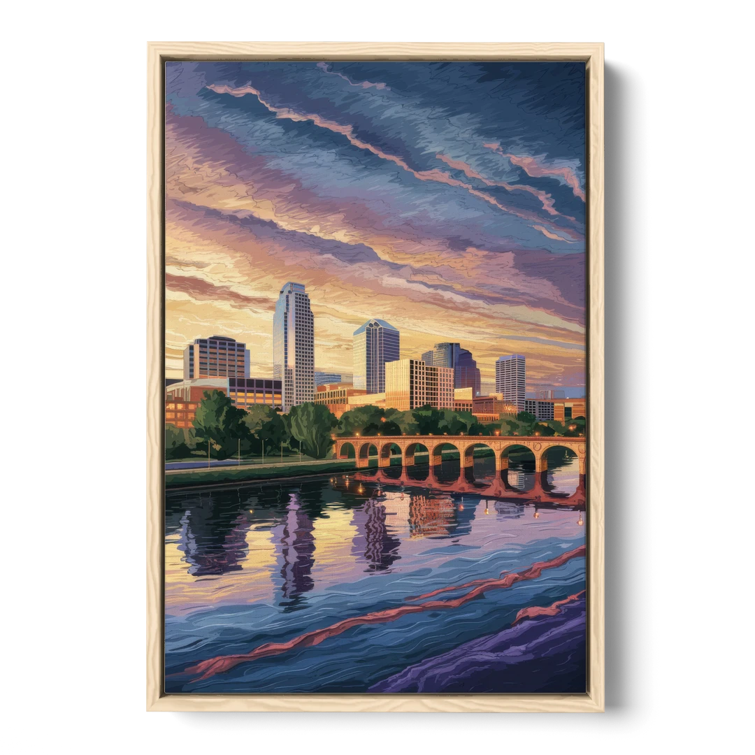 Austin Riverside Reflections - Oak Framed Canvas Wall Art - Front