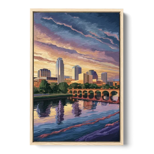 Austin Riverside Reflections - Oak Framed Canvas Wall Art - Front