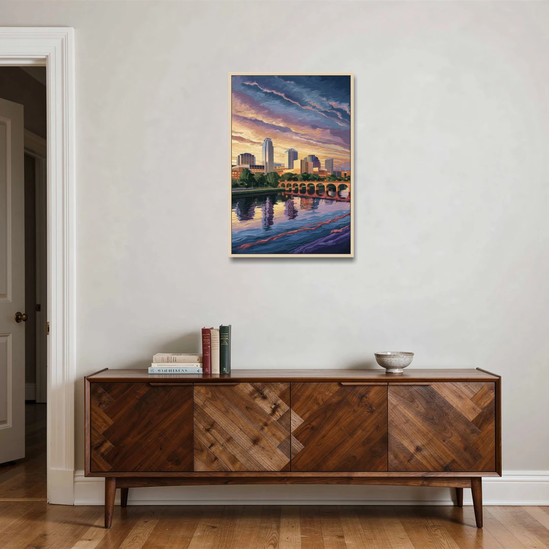 Austin Riverside Reflections - Oak Framed Canvas Wall Art - Coffee Table - 24x36
