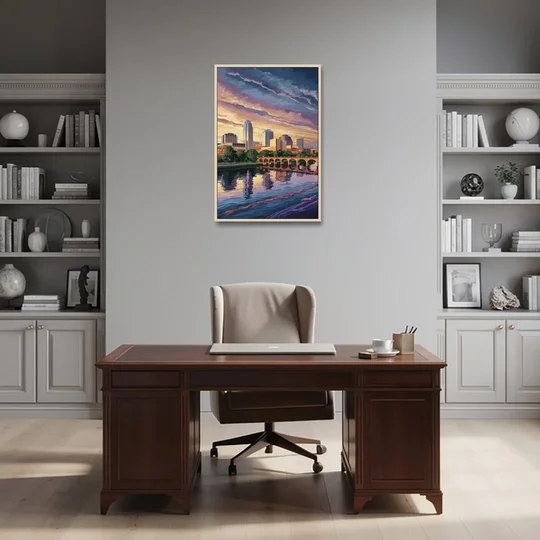 Austin Riverside Reflections - Oak Framed Canvas Wall Art - Office - 24x36