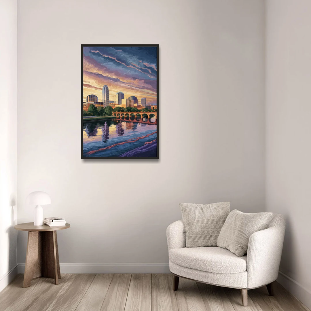 Austin Riverside Reflections - Black Framed Canvas Wall Art - Sofa - 24x36