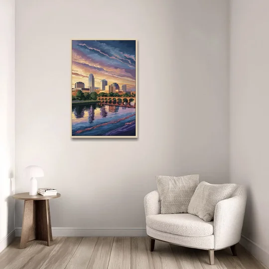 Austin Riverside Reflections - Oak Framed Canvas Wall Art - Sofa - 24x36