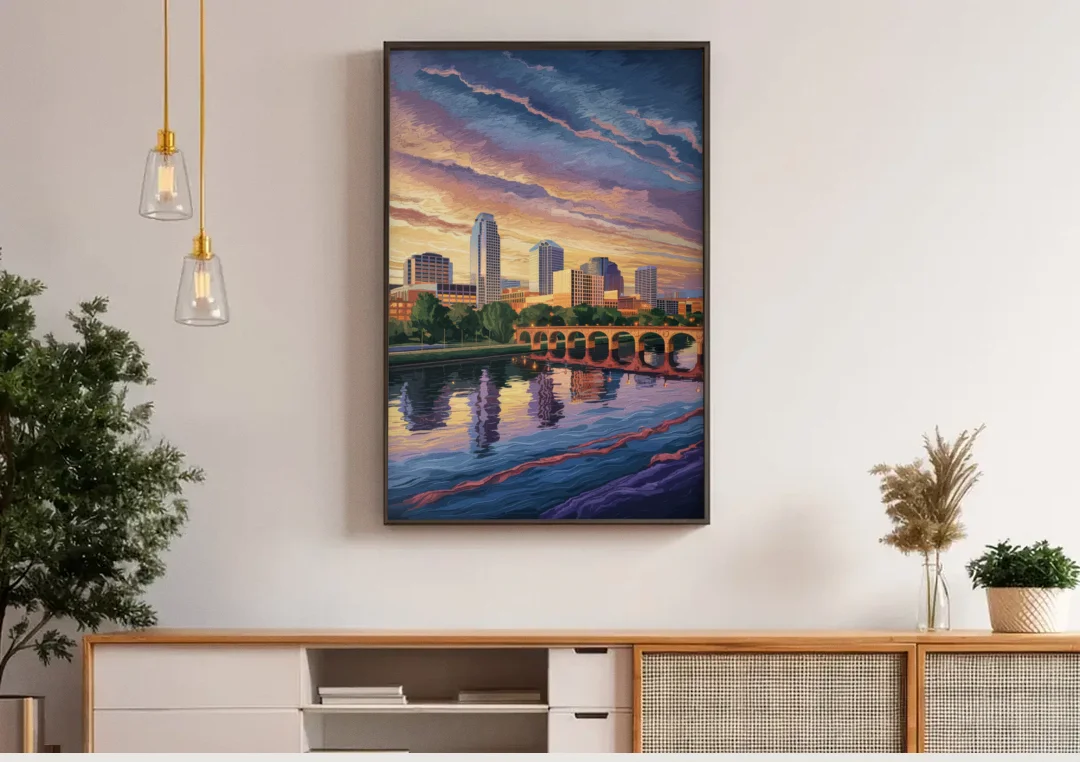 Austin Riverside Reflections canvas wall art above a wooden sideboard under pendant lights