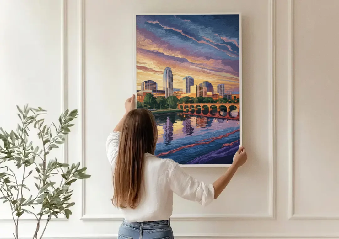 Austin Riverside Reflections canvas wall art being hung on a paneled wall
