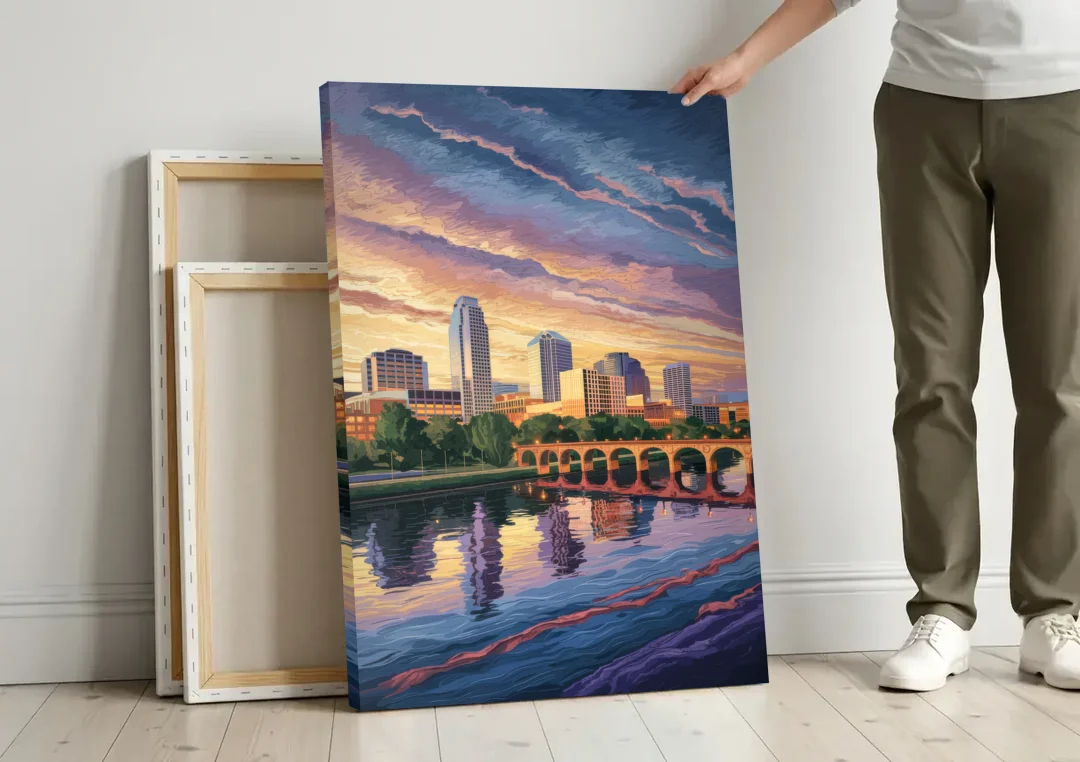 Austin Riverside Reflections canvas wall art leaning against a wall next to blank canvases