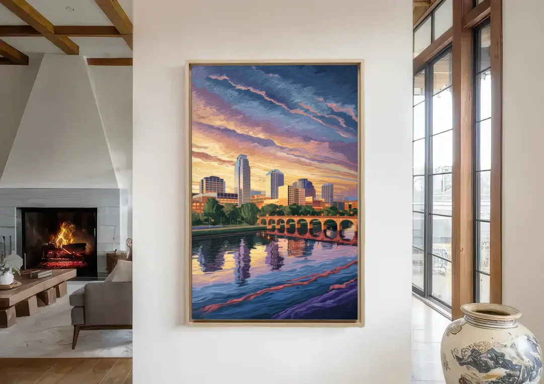 Austin Riverside Reflections canvas wall art in a living room with a fireplace