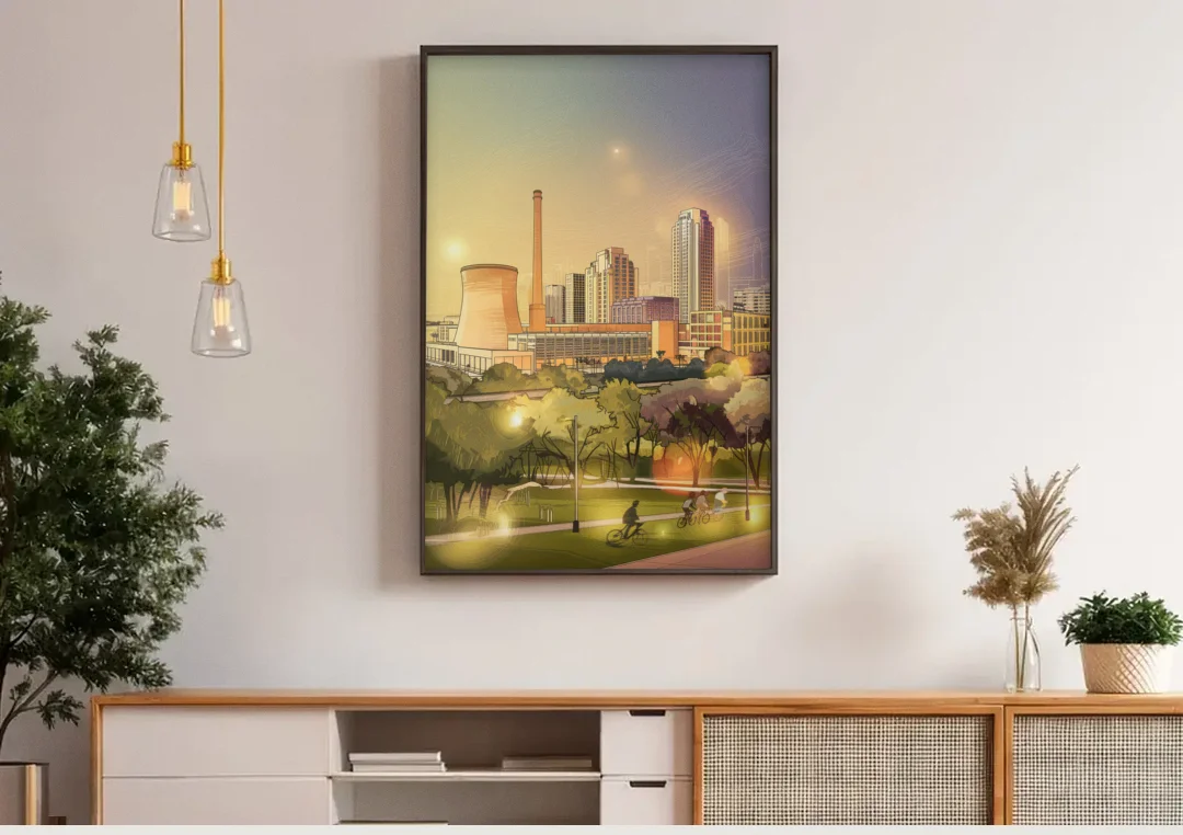 Austin Seaholm District canvas wall art above a wooden sideboard under pendant lights