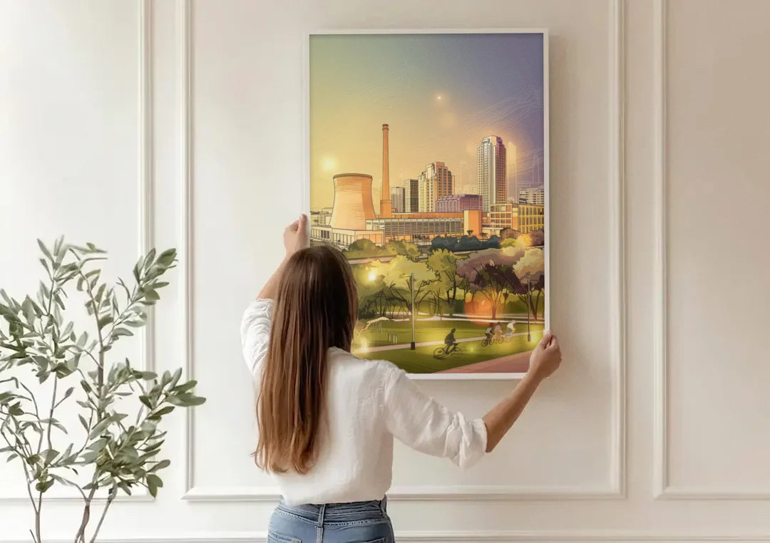 Austin Seaholm District canvas wall art being hung on a paneled wall