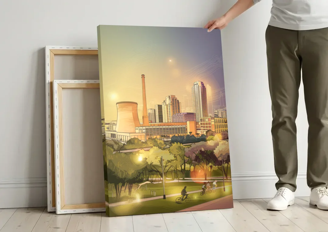 Austin Seaholm District canvas wall art leaning against a wall next to blank canvases