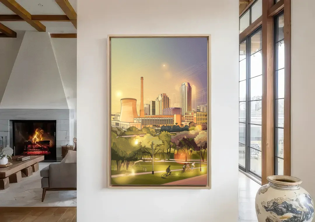 Austin Seaholm District canvas wall art in a living room with a fireplace