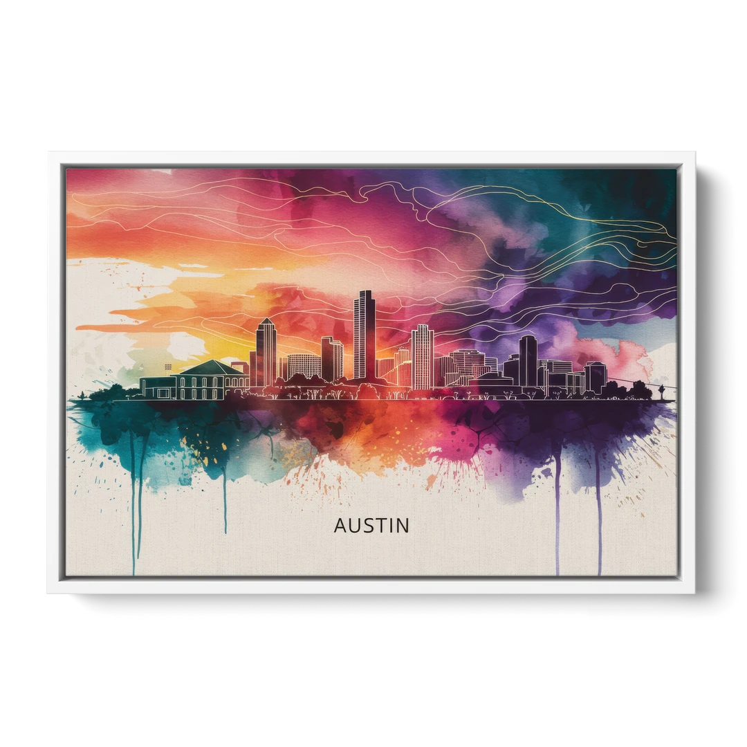 Austin Skyline Sunset Art - White Framed Canvas Wall Art - Front