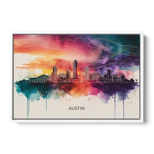 Austin Skyline Sunset Art - White Framed Canvas Wall Art - Front