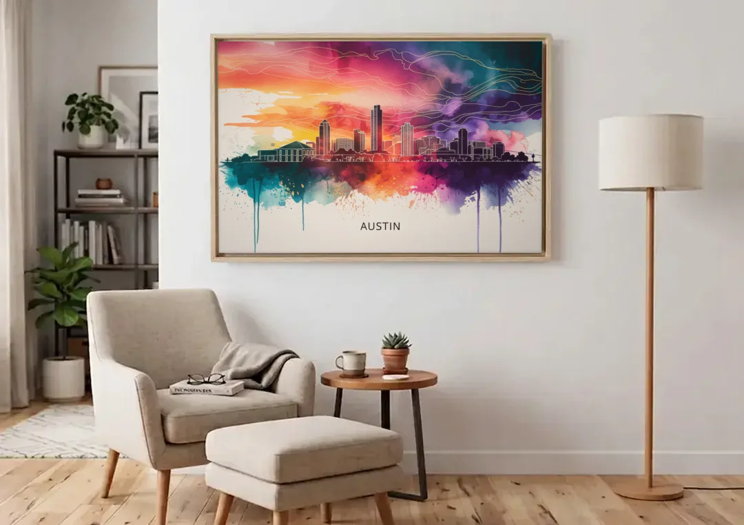 Austin Skyline Sunset Art canvas wall art above an armchair in a bright living room