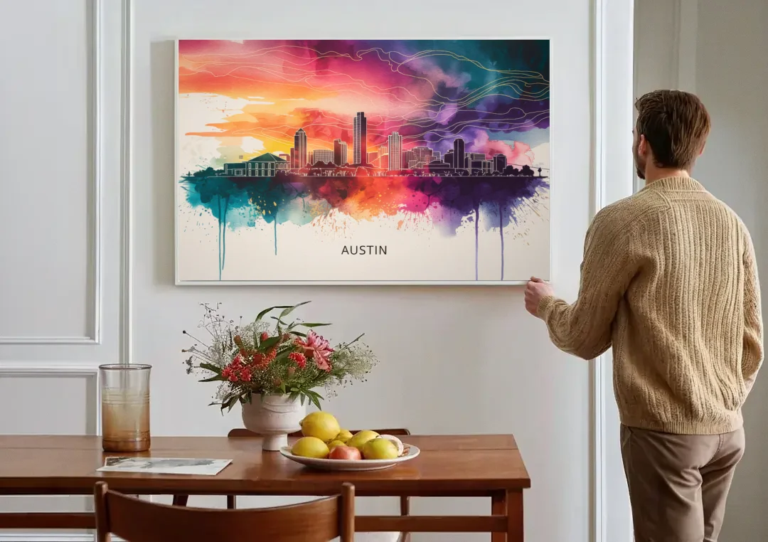 Austin Skyline Sunset Art canvas wall art above a dining table