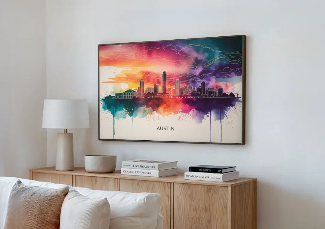 Austin Skyline Sunset Art canvas wall art above a wooden sideboard next to a sofa