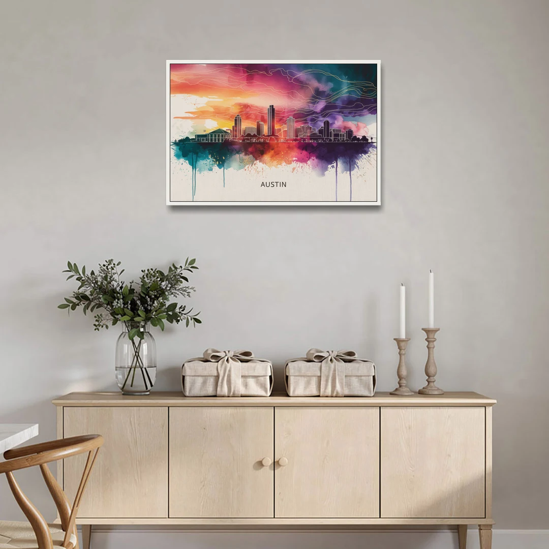 Austin Skyline Sunset Art - White Framed Canvas Wall Art - Coffee Table - 36x24