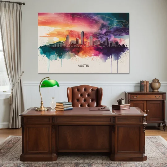 Austin Skyline Sunset Art - Canvas Wall Art - Office - 60x40