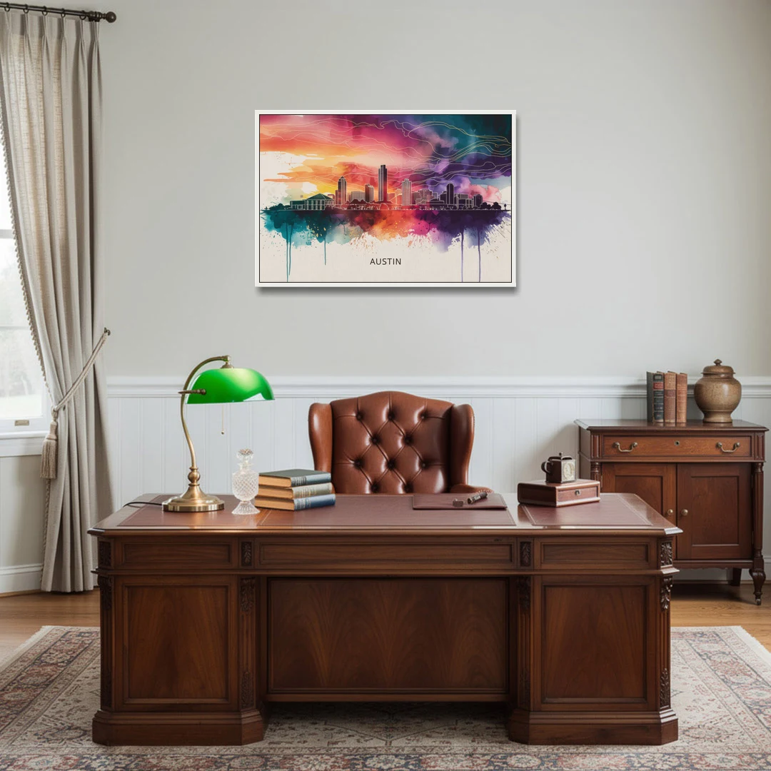 Austin Skyline Sunset Art - White Framed Canvas Wall Art - Office - 36x24