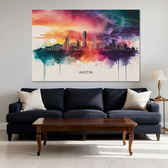 Austin Skyline Sunset Art - Canvas Wall Art - Sofa - 60x40