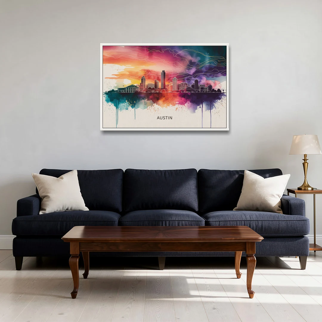 Austin Skyline Sunset Art - White Framed Canvas Wall Art - Sofa - 36x24