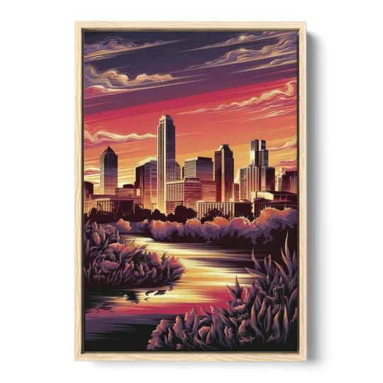 Austin Skyline Sunset - Oak Framed Canvas Wall Art - Front