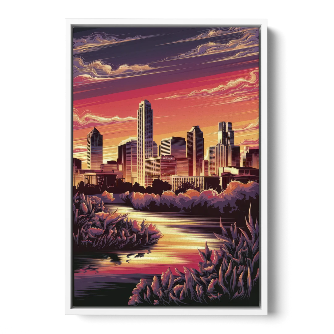 Austin Skyline Sunset - White Framed Canvas Wall Art - Front